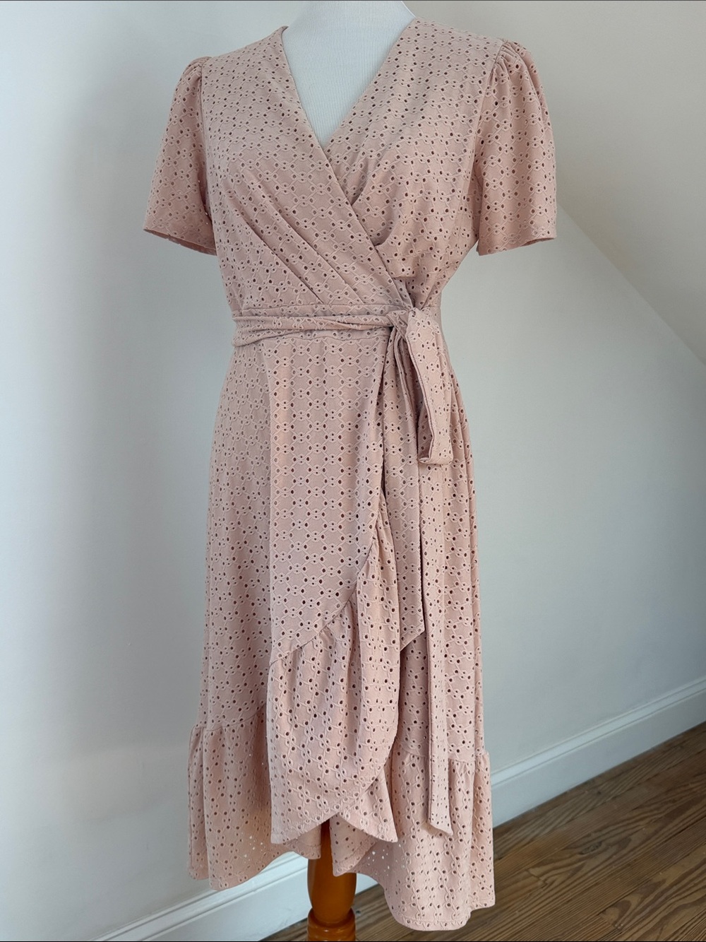 London Times Blush Eyelet Wrap Midi Dress